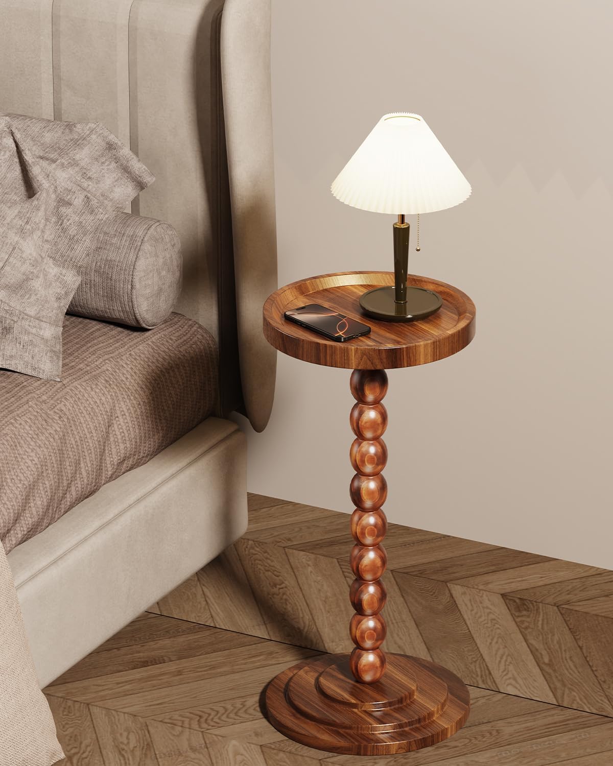 Hoomtree Round Wooden Side Table & Drink Table | Sturdy & Functional Mid-Century Modern Design with Solid Wood Columns for Living Room, Bedroom, Office & More