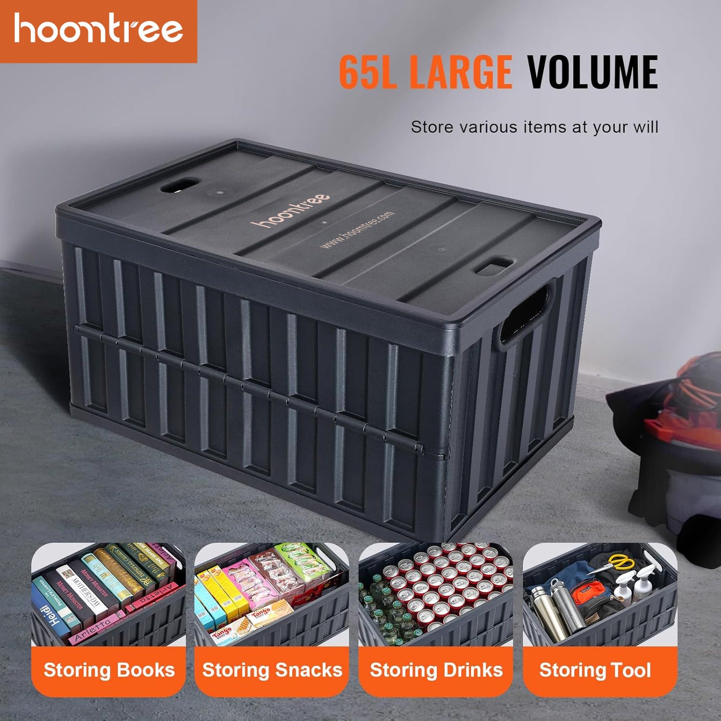 Hoomtree 65L Collapsible Storage Bins with Lids 3 Packs, Stackable Utility Crates with Handles, Large Folding Containers for Organizing Tools, Books, Food, Drinks, Camping & Transport