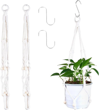 Hoomtree 2Pcs Macrame Plant Hangers Indoor Outdoor Hanging Net Plant Basket with Wood Bead, Decorative Flower Pot Holders with 2Pcs S Hooks for Room Balcony Garden Home Decor, Old Lace, 860x32x35mm