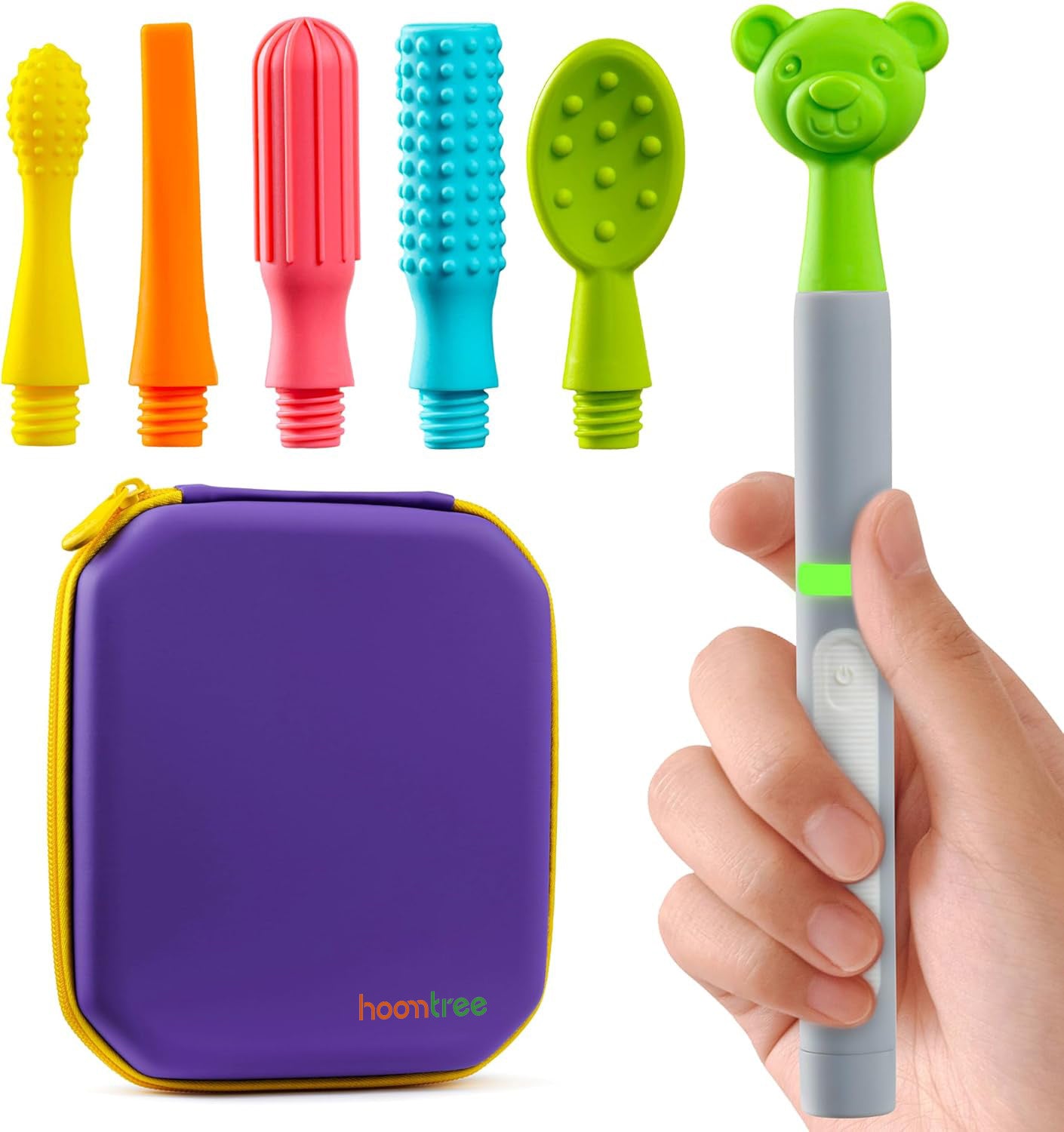 Hoomtree Buzz Buddy Oral Motor Stimulation kit with 6 Soft Textured Interchangeable Heads, Calm Sensory Needs, Support Speech, and Stimulate Self Feeding, Gentle Vibrations (Grey)