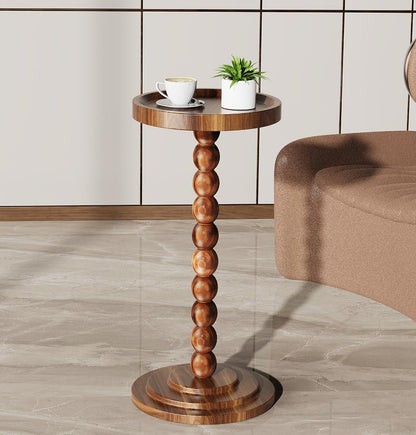 Hoomtree Round Wooden Side Table & Drink Table | Sturdy & Functional Mid-Century Modern Design with Solid Wood Columns for Living Room, Bedroom, Office & More