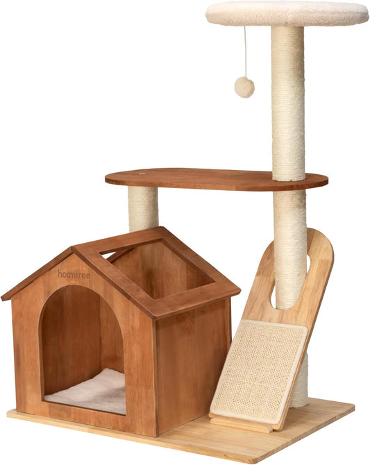 Hoomtree Wooden Cat Tower with Hideaway House & Scratching Pad, Modern Two-Level Indoor Cat Furniture with Removable Sherpa Cushion