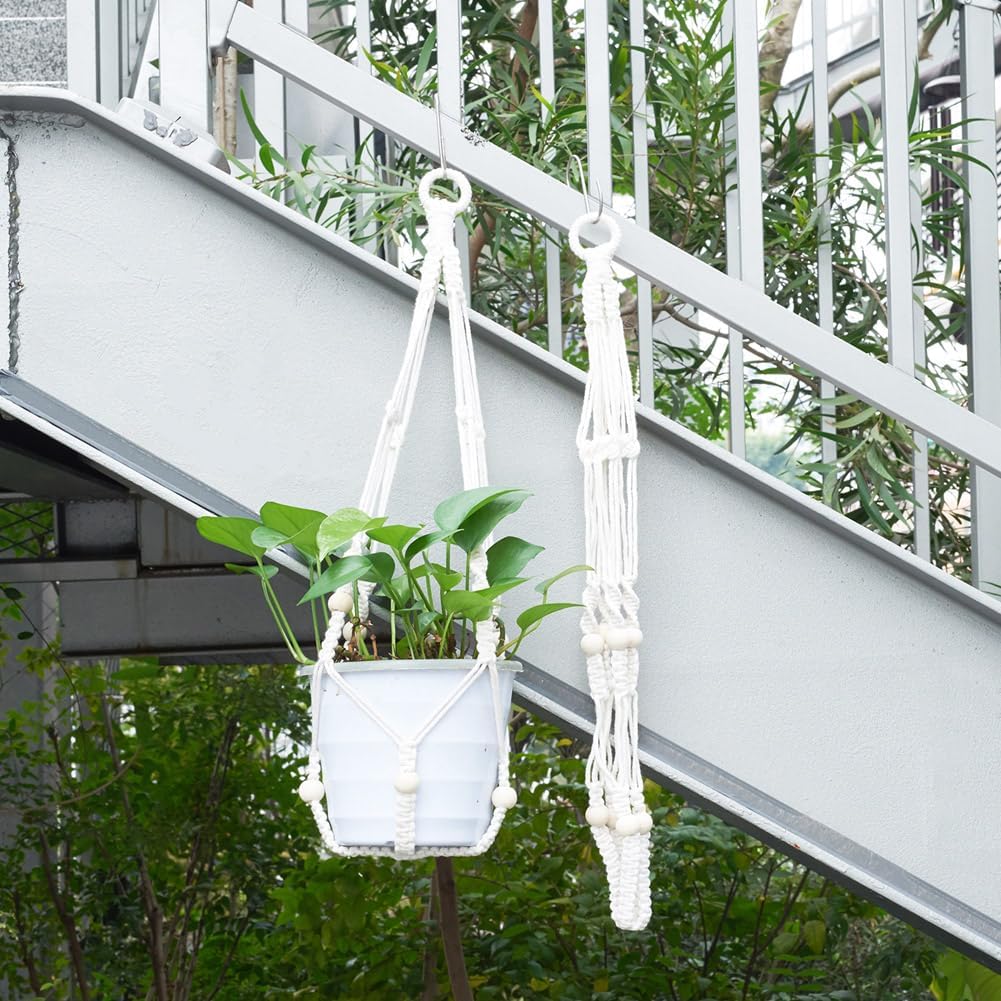 Hoomtree 2Pcs Macrame Plant Hangers Indoor Outdoor Hanging Net Plant Basket with Wood Bead, Decorative Flower Pot Holders with 2Pcs S Hooks for Room Balcony Garden Home Decor, Old Lace, 860x32x35mm