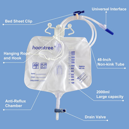 Hoomtree 5 Pack Urinary Drainage Bag with Anti-Reflux Chamber, 2000mL Urine Bags with 48 Tube Drainage, Splash-Resistant Drain Spout, Clips and Hanging Hook, Disposable Urine Bags for Men