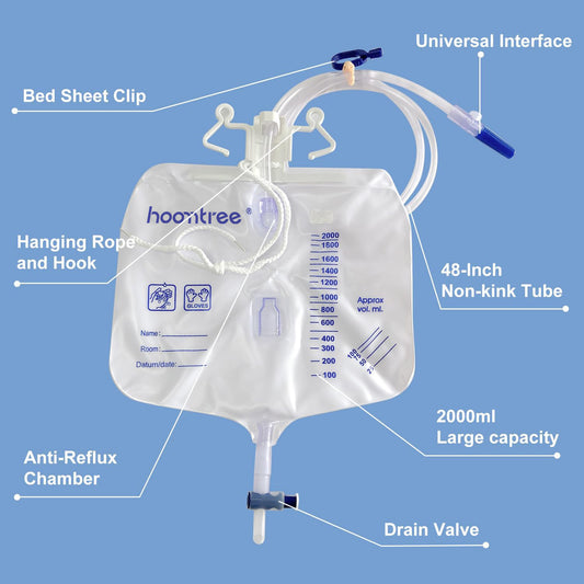 Hoomtree 5 Pack Urinary Drainage Bag with Anti-Reflux Chamber, 2000mL Urine Bags with 48 Tube Drainage, Splash-Resistant Drain Spout, Clips and Hanging Hook, Disposable Urine Bags for Men