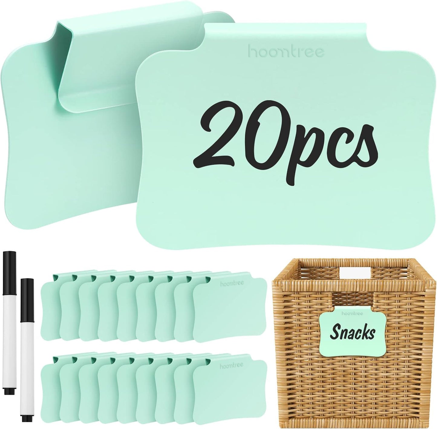HOOMTREE 20PCS Basket Clip On Labels, Removable Plastic Bin Tags for Storage Bins, Pantry Organization and Hanging Labels for Cube Box, in Green