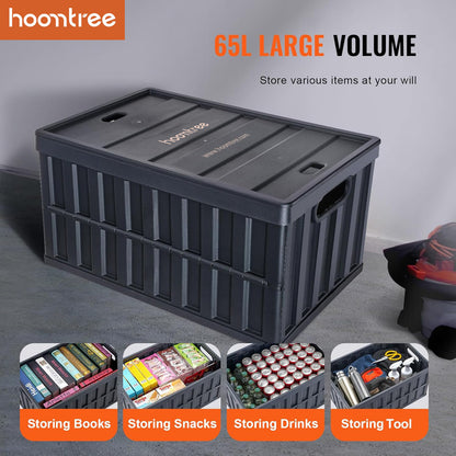 Hoomtree 65L Collapsible Storage Bins with Lids 3 Packs, Stackable Utility Crates with Handles, Large Folding Containers for Organizing Tools, Books, Food, Drinks, Camping & Transport