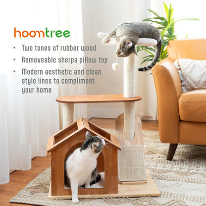 Hoomtree Wooden Cat Tower with Hideaway House & Scratching Pad, Modern Two-Level Indoor Cat Furniture with Removable Sherpa Cushion