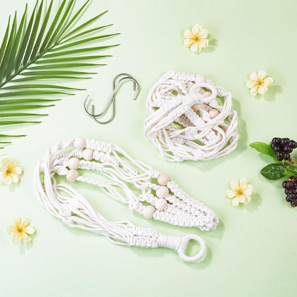 Hoomtree 2Pcs Macrame Plant Hangers Indoor Outdoor Hanging Net Plant Basket with Wood Bead, Decorative Flower Pot Holders with 2Pcs S Hooks for Room Balcony Garden Home Decor, Old Lace, 860x32x35mm