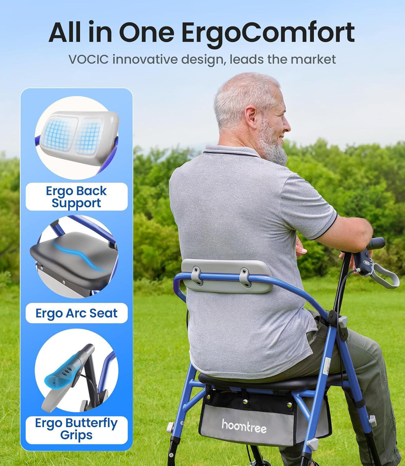 Hoomtree Rollator Walker with Seat, Max 380 lbs, Avant Walkers with Ergo Seat & Backrest, Foldable Adjustable Height, All Terrain Walker, Lightweight