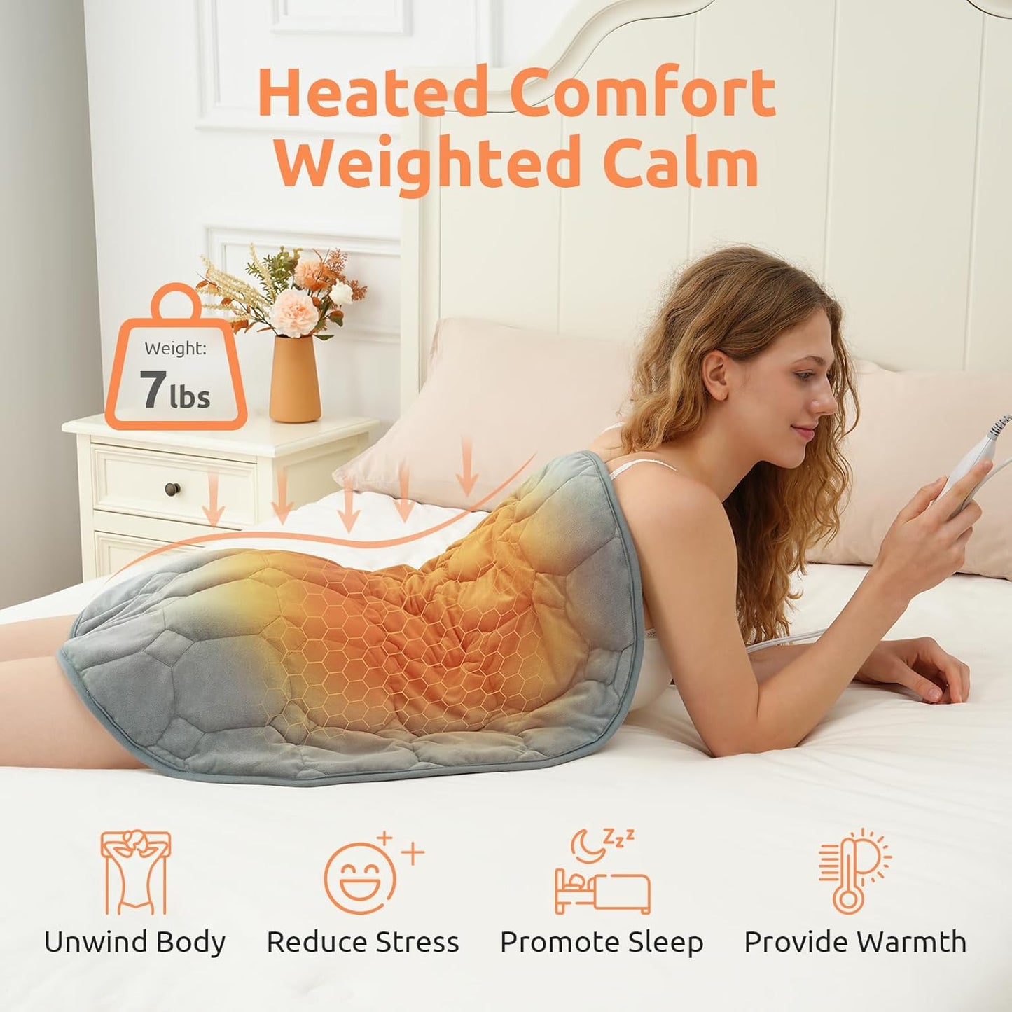 Hoomtree Weighted Heating Pad for Relax and Calm, Velvet-Soft 7 lbs Electric Lap Blanket for Neck Shoulders Back, Washable Warm Weighted Lap Blanket with 4 Heating Levels, 24 x 29 Inches, Grey