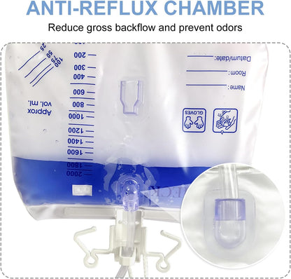 Hoomtree 5 Pack Urinary Drainage Bag with Anti-Reflux Chamber, 2000mL Urine Bags with 48 Tube Drainage, Splash-Resistant Drain Spout, Clips and Hanging Hook, Disposable Urine Bags for Men