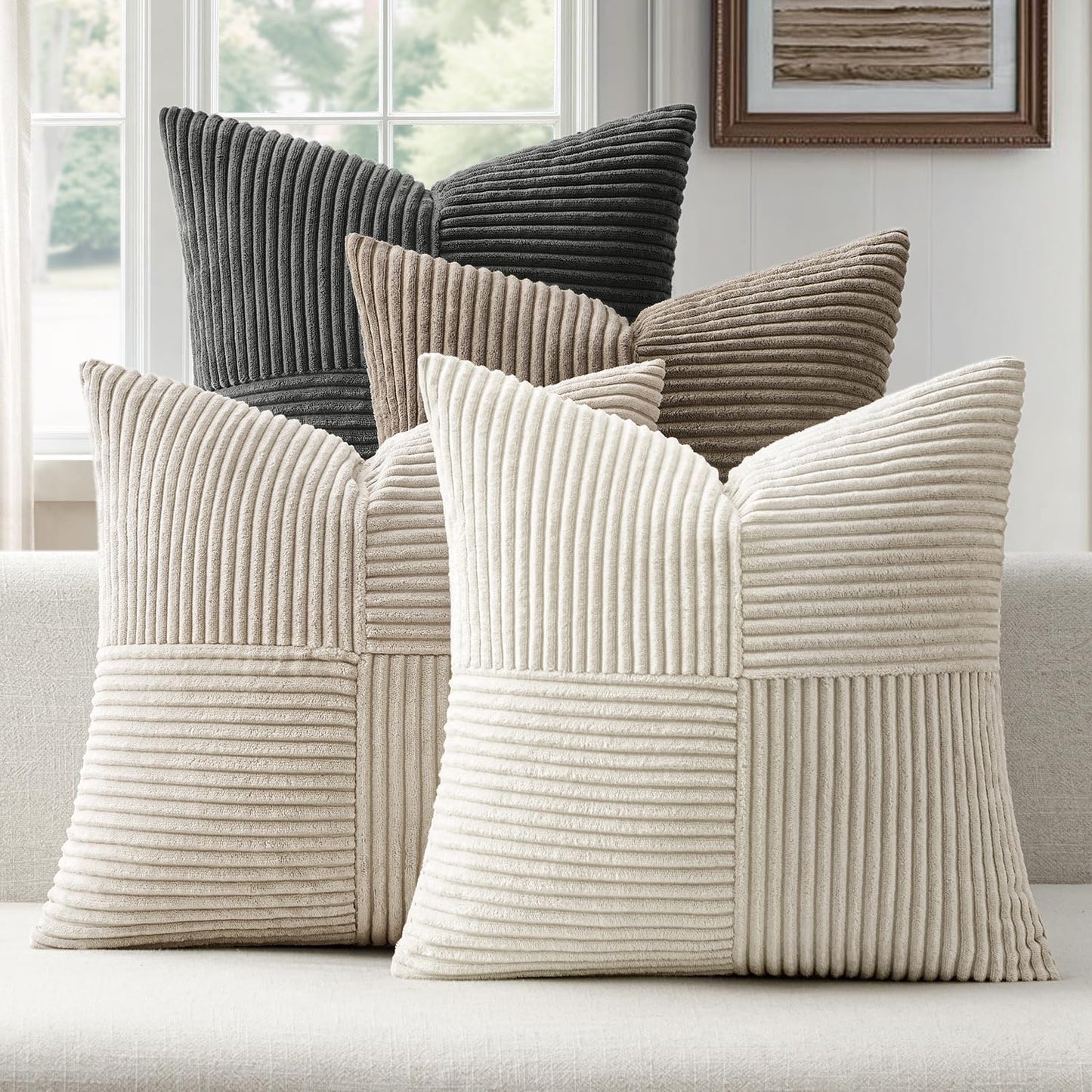 Hoomtree Pack of 4 Decorative Throw Pillows for Couch Neutral Gray 18x18 Inch Boho Cozy Soft Corduroy Cushion Covers Farmhouse Accent Pillowcases for Mid Century Summer Home Decor Sofa Bed Living Room