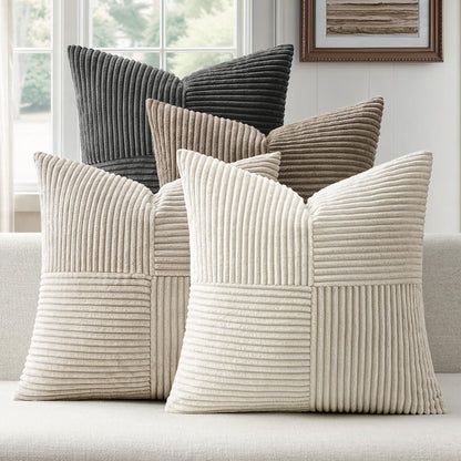 Hoomtree Pack of 4 Decorative Throw Pillows for Couch Neutral Gray 18x18 Inch Boho Cozy Soft Corduroy Cushion Covers Farmhouse Accent Pillowcases for Mid Century Summer Home Decor Sofa Bed Living Room