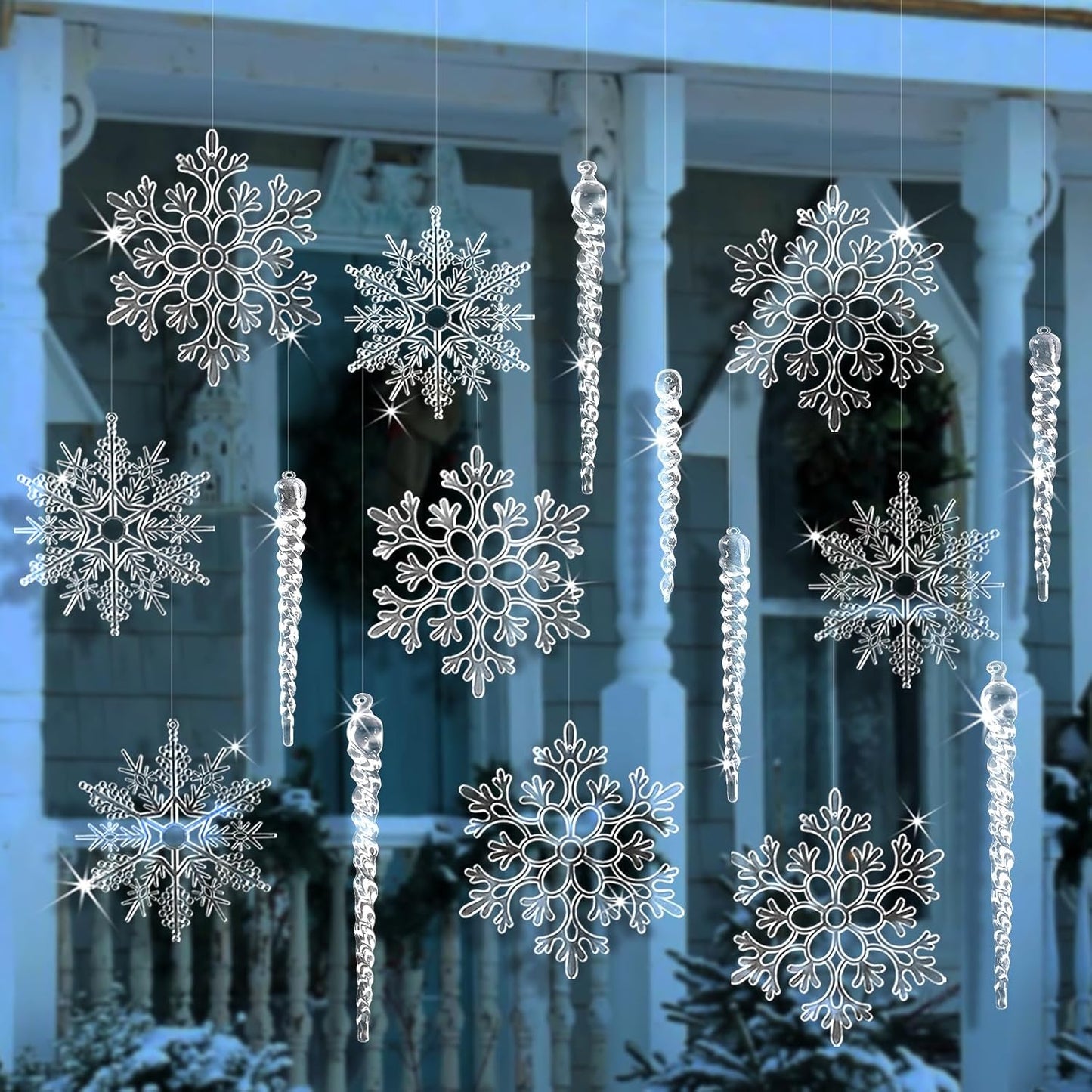 Hoomtree 18 Pcs Large Christmas Tree Decoration Crystal Ornaments, Clear Big Acrylic Icicle Snowflake Christmas Hanging Decor for Xmas Tree Winter Wonderland Party Decor Outdoor New Year Party Supplies