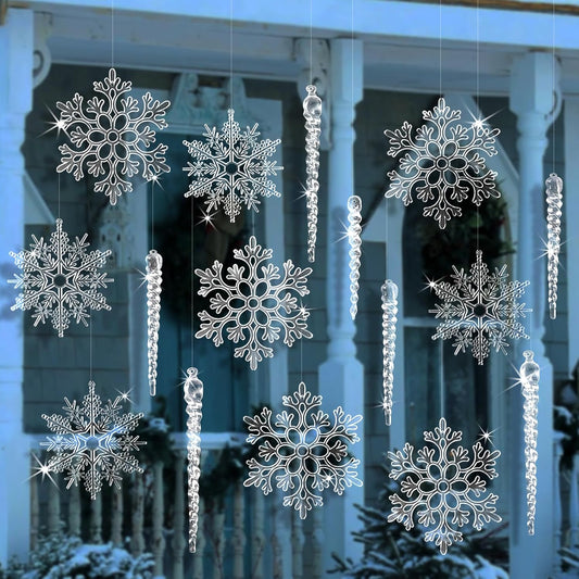Hoomtree 18 Pcs Large Christmas Tree Decoration Crystal Ornaments, Clear Big Acrylic Icicle Snowflake Christmas Hanging Decor for Xmas Tree Winter Wonderland Party Decor Outdoor New Year Party Supplies