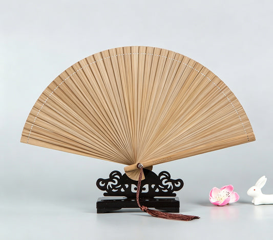 Hoomtree All Bamboo Hand Folding Fan with Tassel & Display Base, Chinese Vintage Solid Bamboo Decorative Fan, Handmade Art Ornament for Home Desktop Decor, 18cm Handle, 31cm Unfolded Diameter