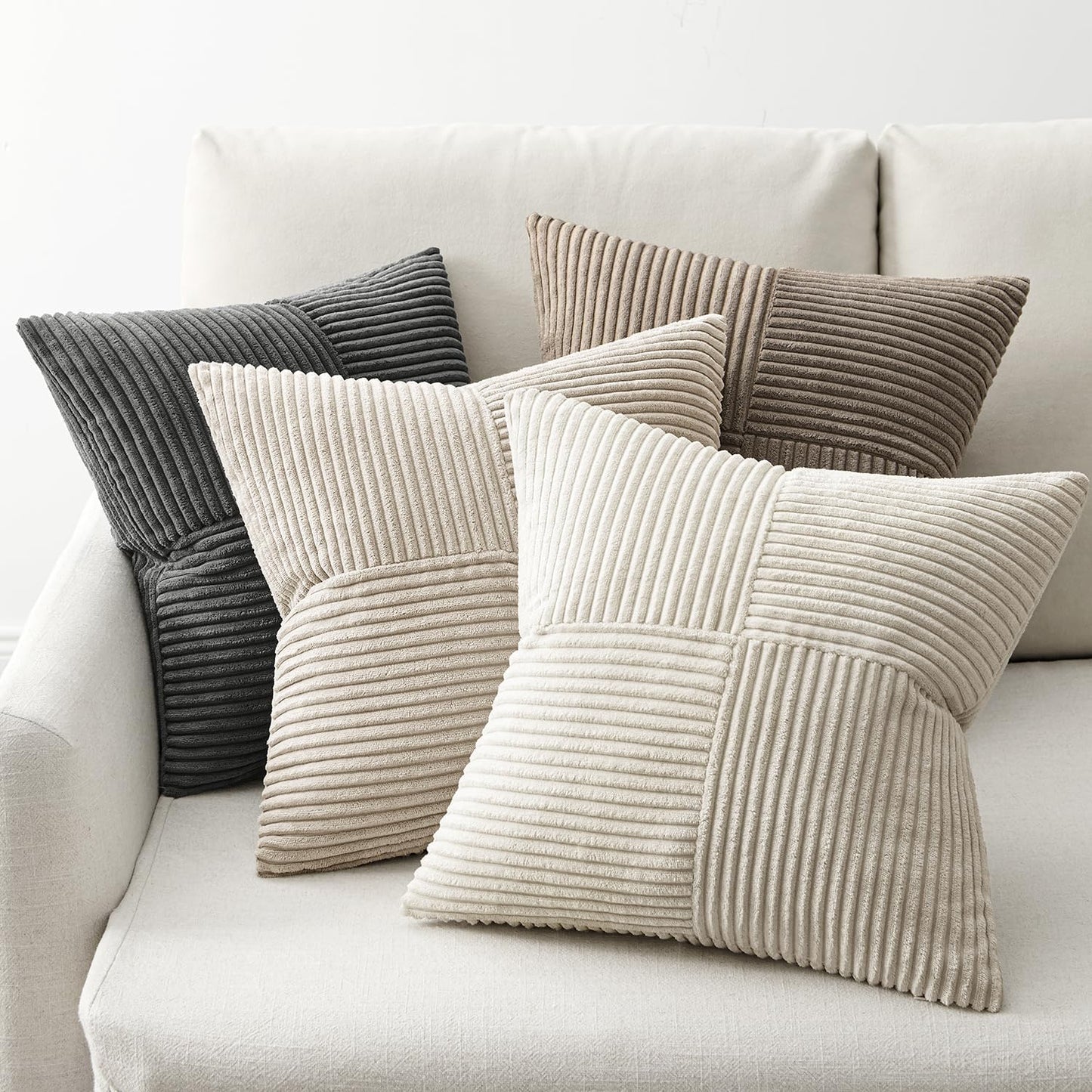 Hoomtree Pack of 4 Decorative Throw Pillows for Couch Neutral Gray 18x18 Inch Boho Cozy Soft Corduroy Cushion Covers Farmhouse Accent Pillowcases for Mid Century Summer Home Decor Sofa Bed Living Room