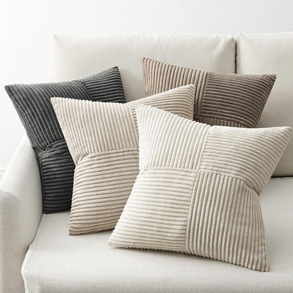 Hoomtree Pack of 4 Decorative Throw Pillows for Couch Neutral Gray 18x18 Inch Boho Cozy Soft Corduroy Cushion Covers Farmhouse Accent Pillowcases for Mid Century Summer Home Decor Sofa Bed Living Room