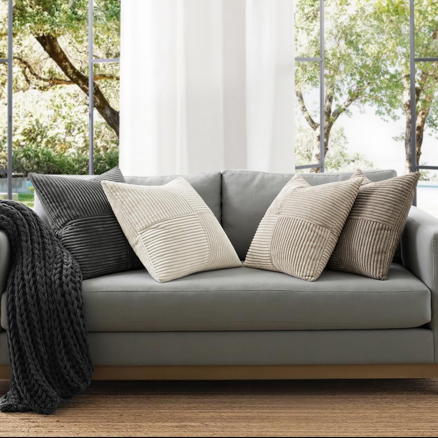 Hoomtree Pack of 4 Decorative Throw Pillows for Couch Neutral Gray 18x18 Inch Boho Cozy Soft Corduroy Cushion Covers Farmhouse Accent Pillowcases for Mid Century Summer Home Decor Sofa Bed Living Room