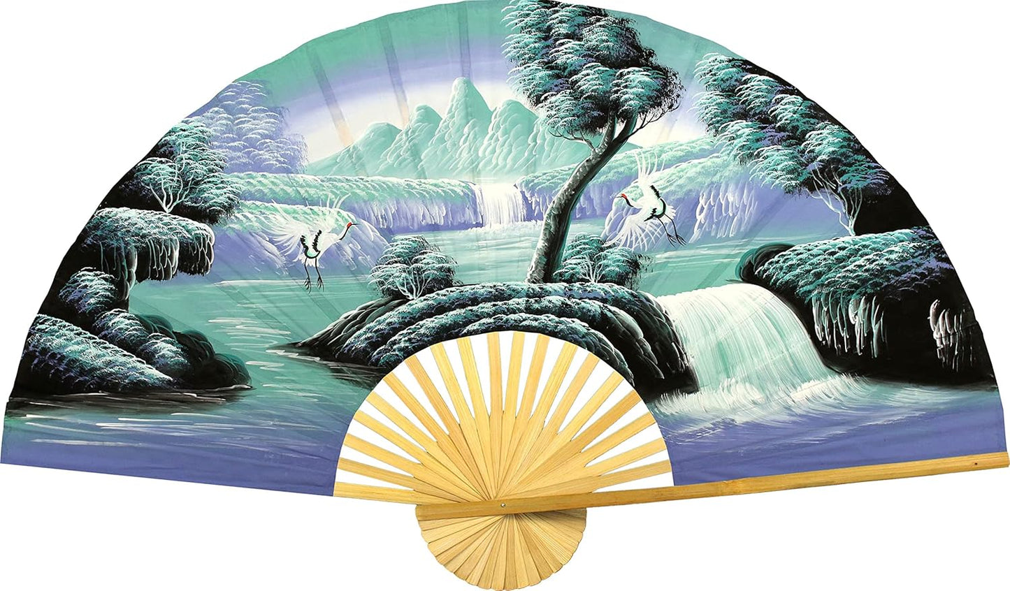 Hoomtree Chinese Cranes Giant Folding Wall Fan Hand-painted Decorative Wall Decor Art, Handmade Original Acrylic Landscape Painting on a Natural Bamboo Frame for Living Room or Bedroom Decoration, Rustic, Boho (40 inch wide, Aqua Fantasy)